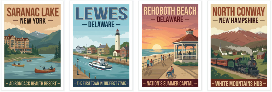 Vintage USA travel poster set. Including saranac lake adirondack resort, lewes delaware coast, rehoboth beach, and north conway. Retro vector art.