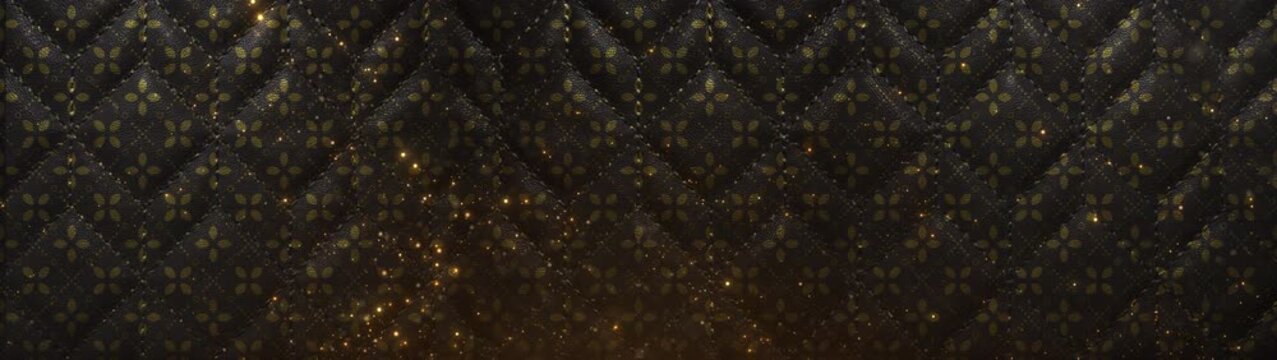 Luxury black quilted leather background with golden floral pattern and glitter