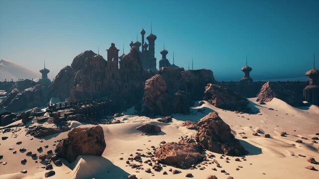 sunlit desert dunes with ruined fortress, cinematic coastal ruins framed by spired towers and scattered boulders, rippled sand textures, warm teal sky, drone