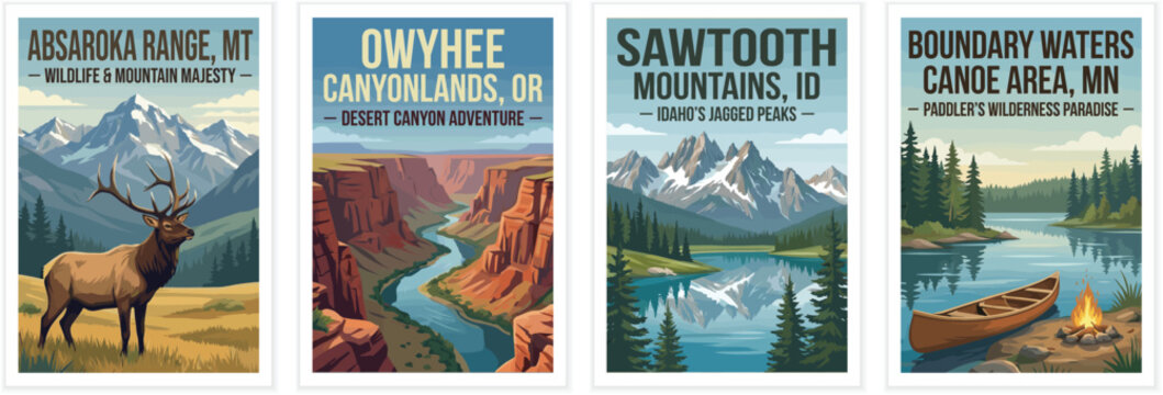 Vintage usa travel poster set. Including absaroka range montana, owyhee canyonlands, sawtooth mountains, and boundary waters mn. Retro vector illustration.