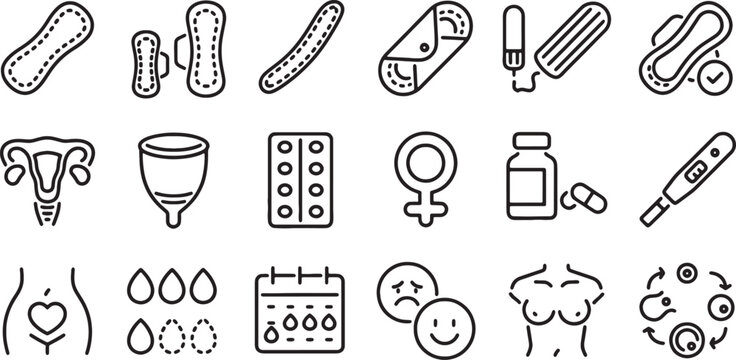 line icons of female menstruation and hygiene products