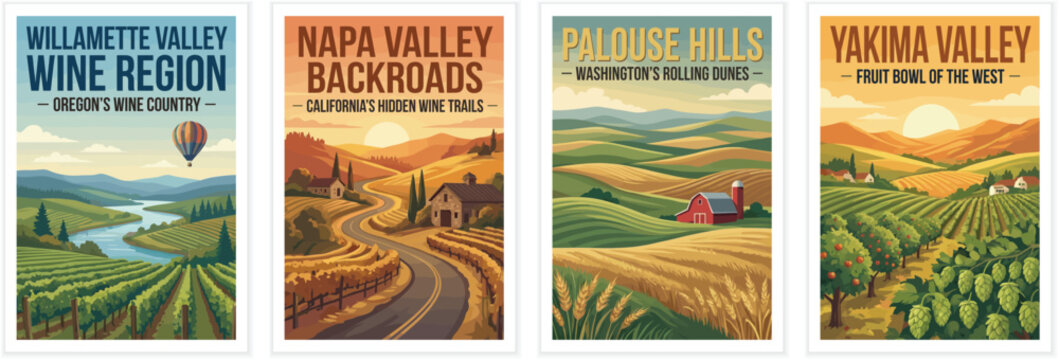 Vintage usa travel poster set. Including willamette valley, napa valley backroads, palouse hills, and yakima valley. Retro vector illustration.