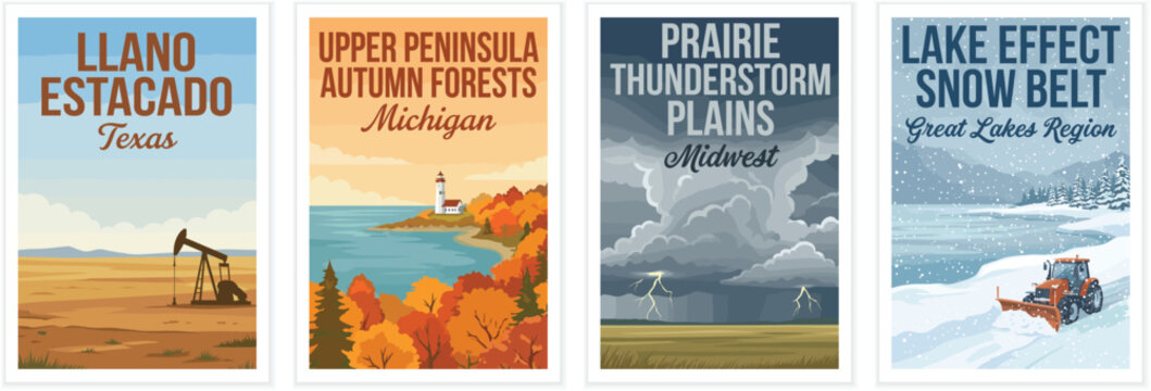 Vintage usa travel poster set. Including llano estacado, upper peninsula autumn forests, prairie thunderstorm, and lake snow belt. Retro vector illustration.