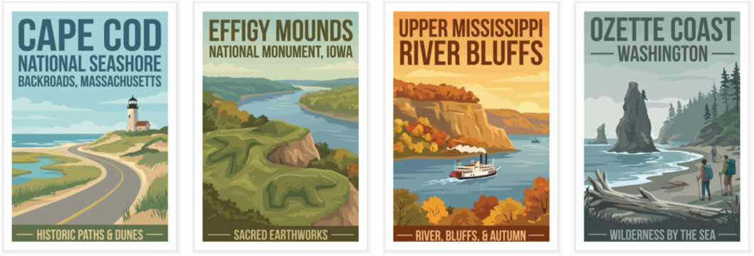 Vintage usa travel poster set. Including cape cod seashore, effigy mounds monument, mississippi river bluffs, and ozette coast. Retro vector illustration.