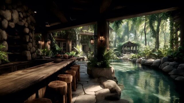 Geothermal hot springs resort, spa, bath pool, winter relaxation vacation theme. A lush, tropical setting with a pool in the middle surrounded by wooden stools, potted plants, and a stone wall.