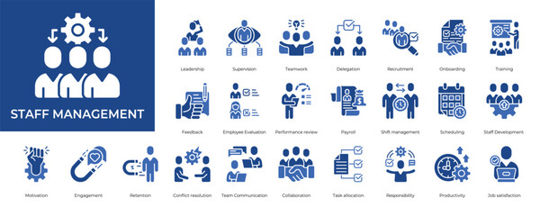 Staff Management Icon set Collection in Glyph Two Color Style. leadership, supervision, teamwork, delegation, recruitment
