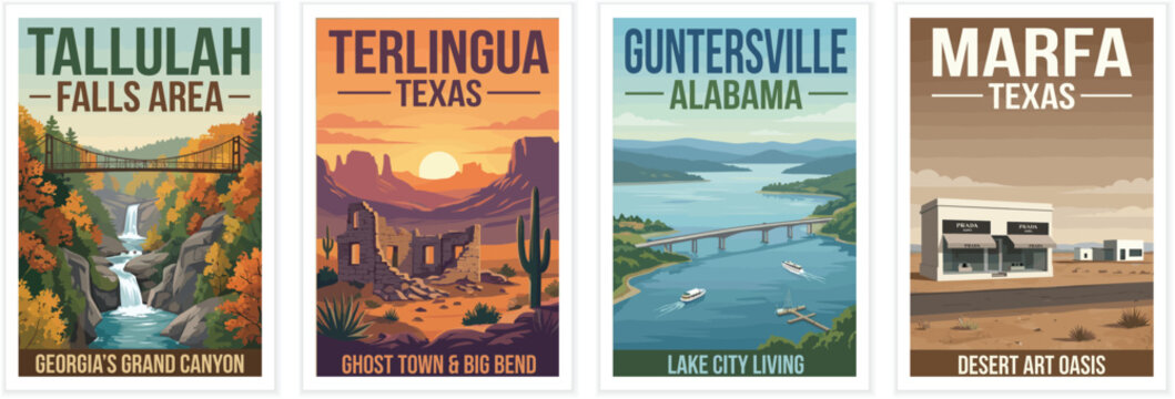 Vintage travel posters of Tallulah Falls, Terlingua, Guntersville, and Marfa. Retro vector art featuring canyons, ghost towns, lakes, and desert landscapes.