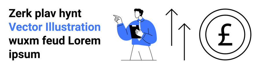 Fototapeta premium Business growth, financial planning, currency management, economic strategy, market analysis, investment insight. A man with a clipboard points towards financial icons. Business growth and financial