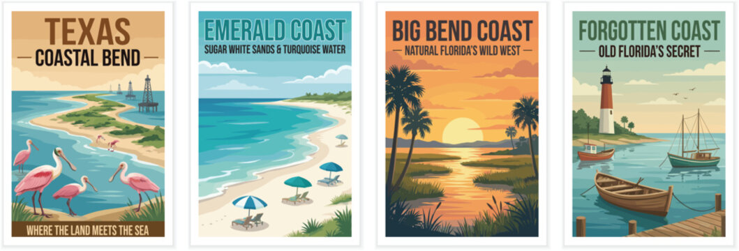 Vintage usa travel poster set. Including texas coastal bend, emerald coast, big bend coast, and forgotten coast florida. Retro vector illustration.