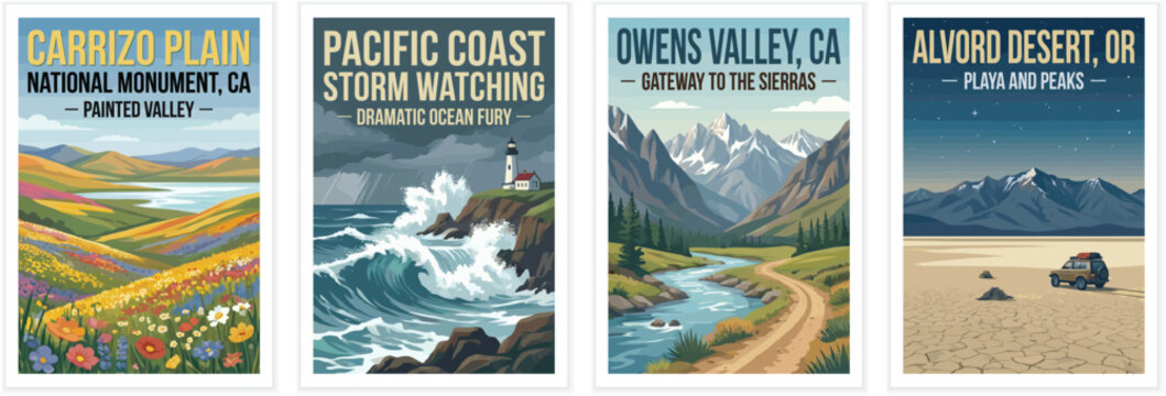 Vintage usa travel poster set. Including carrizo plain and owens valley california, pacific coast storm, and alvord desert oregon. Retro vector illustration.