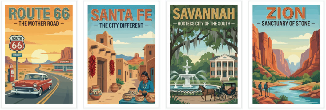 Vintage usa travel poster set. Including route 66 mother road, santa fe city different, savannah historic south, and zion sanctuary of stone. Retro vector.