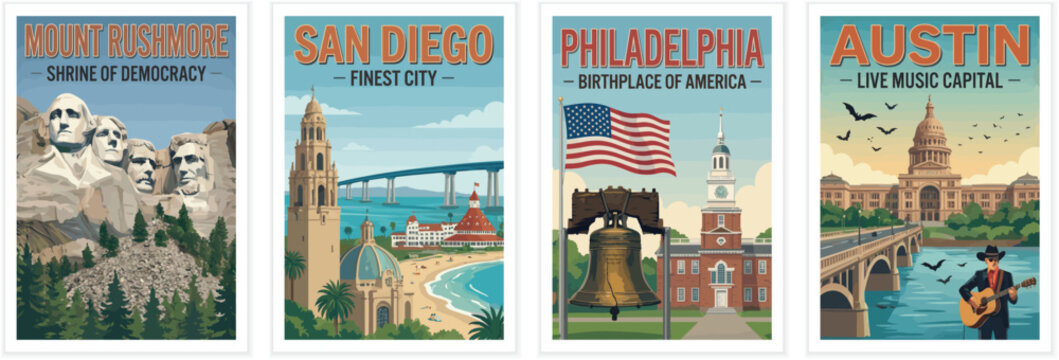 Vintage usa travel poster set. Including mount rushmore, san diego finest city, philadelphia birthplace, and austin live music capital. Retro vector art.