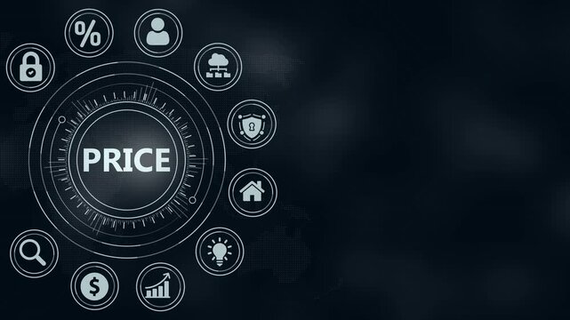 Digital interface displaying the word PRICE surrounded by circular icons representing financial and business concepts on a dark background