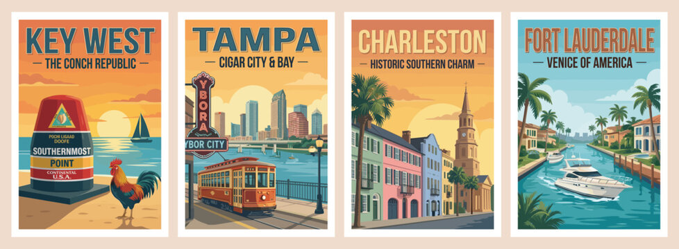Vintage USA travel poster set. Including key west, charleston, tampa, and fort lauderdale city scenes. Retro southern coast vector illustration.