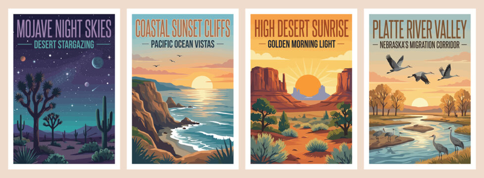 Vintage USA travel poster set. Featuring mojave night skies, high desert sunrise, coastal cliffs, and platte river valley scenes. Retro vector art.