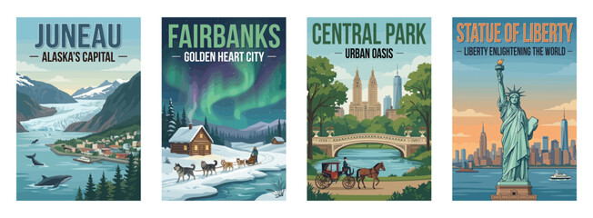 Vintage USA travel poster set. Including juneau, fairbanks, central park, and statue of liberty landmarks. Retro travel vector illustration.
