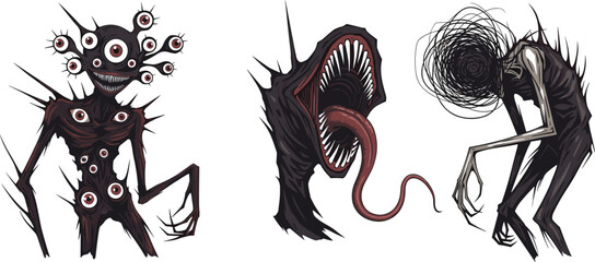 Three grotesque humanoid monsters, surreal horror creatures with multiple eyes, gaping mouth, elongated arms, nightmarish fantasy illustration, eerie character design, dark art © MSTESMOTARA