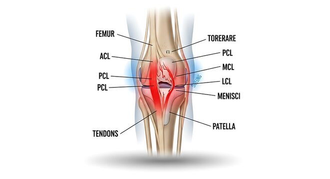 Anatomical Illustration of the Human Knee Joint with Labeled Components.