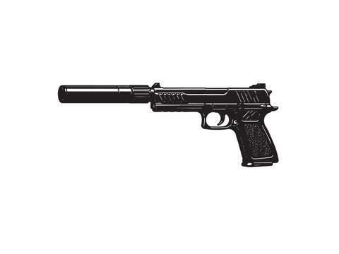 Gun with silencer vector silhouette illustration.