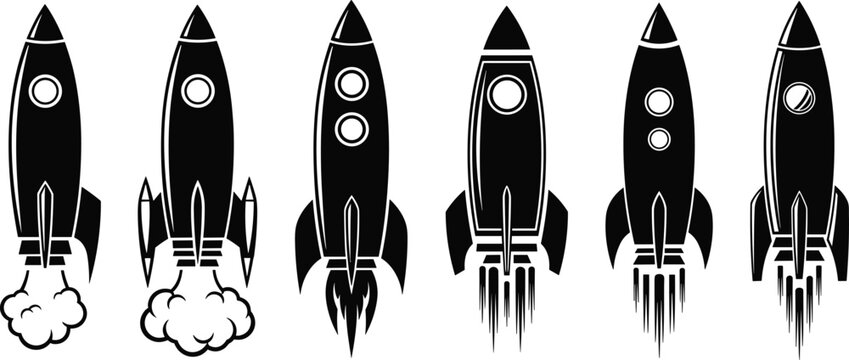 Black and white rocket ship vector icons set, retro spacecraft launch silhouettes, vintage space travel illustrations, galactic exploration shuttle clip-art.