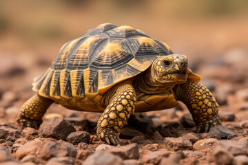 Fototapeta premium Resilient Spur-thighed Tortoise Walking Steadily Across Rocky Terrain, Symbolizing Longevity, Endurance, and Connection to Wilderness.