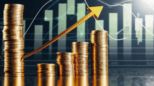 Golden coins vertically stacking, forming ascending piles alongside rising financial charts, symbolizing progressive financial growth and investment success in smooth slow motion