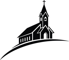 Black church silhouette with cross and bell tower on a hill for christian religion faith worship community and vector illustration
