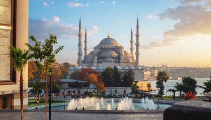 Naklejka premium Iconic Blue Mosque with Fountain at Sunset in Istanbul