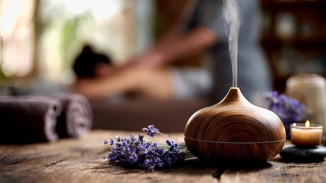 Therapy stress release treatment, health lifestyle. A wooden diffuser emitting a pleasant aroma, surrounded by lavender flowers and a lit candle, on a wooden table. The background is slightly blurred.