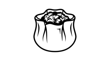 Illustration of a bag filled with various objects, viewed from the front, showcasing its contents and texture.