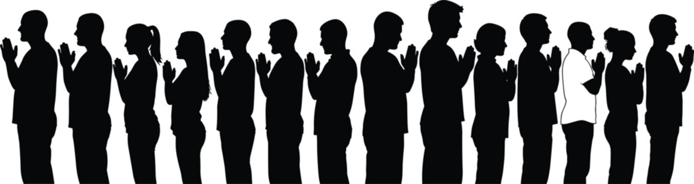 Black silhouettes of diverse people standing in line and praying with folded hands for faith spiritual community and worship vector