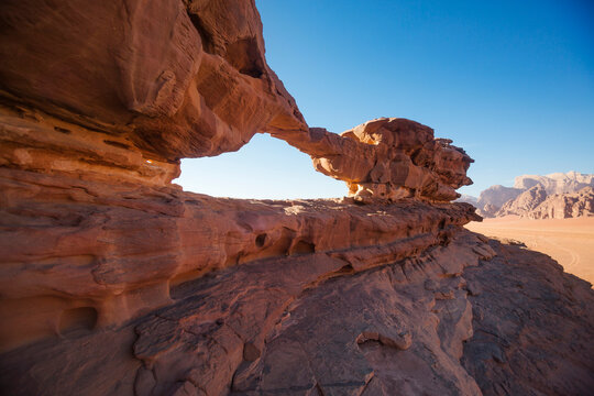 Wadi Ram desert stone bridge (Rock arch). Jordan
