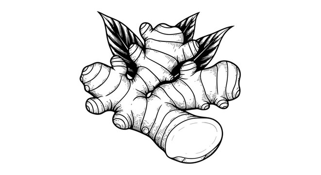 Ginger roots with leaves illustration from a close-up viewpoint