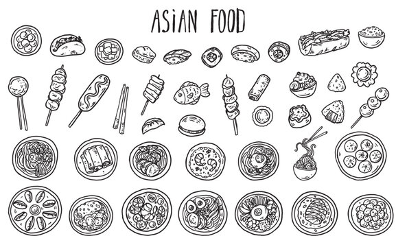 Hand drawn asian food sketch . Whimsical food and drink doodles set. Hand drawn vector illustration for menu, packaging design. Asian cuisine quirky icons, simple sketch style. Minimalist line art