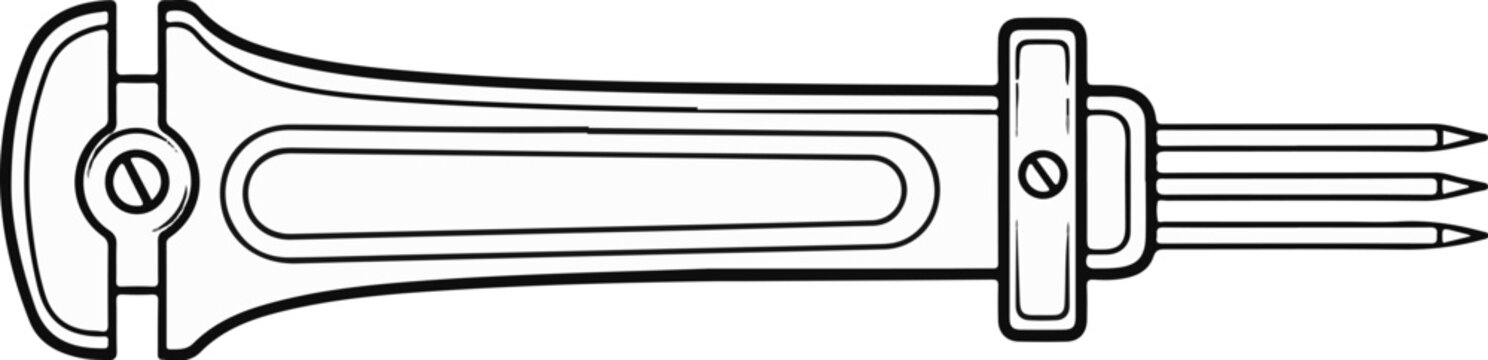 Line drawing of a tool with three pointed prongs and a handle
