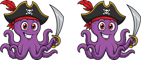 Cartoon purple octopus pirate character holding a sword and wearing a skull hat, funny sea animal mascot vector for kids, © Anamul Arafat