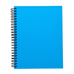 A vibrant blue spiral notebook with a black wire binding on a white background isolated on white background