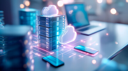 Obraz premium Isometric 3D render of a cloud computing infrastructure diagram stylized server towers connected by glowing data bridges to desktop computers and mobile devices arranged on a