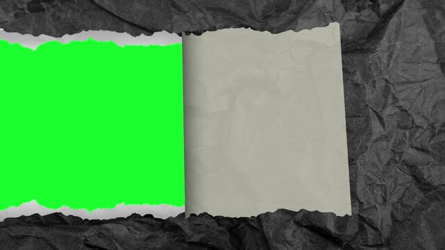 4k animated video of vertical blank rough textured black paper tear on green background
