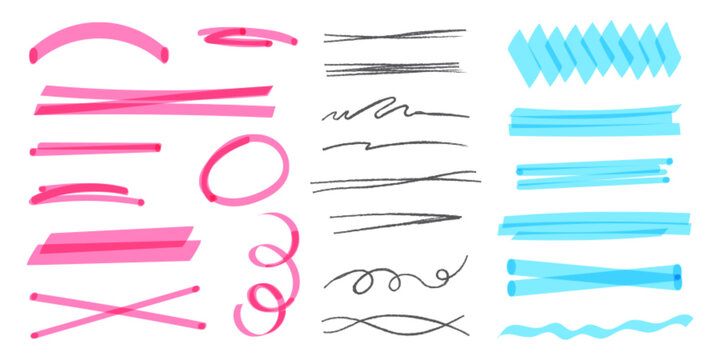 Handdrawn marker highlights and underlines, colorful pen doodle strokes, vector set isolated on white. Sketch scribbles on whiteboard, different marks for emphasis, marker texture thick and thin lines