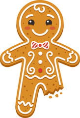 Obraz premium Cute Gingerbread Man Cookie With Red Bow Tie And Bite Mark On Leg