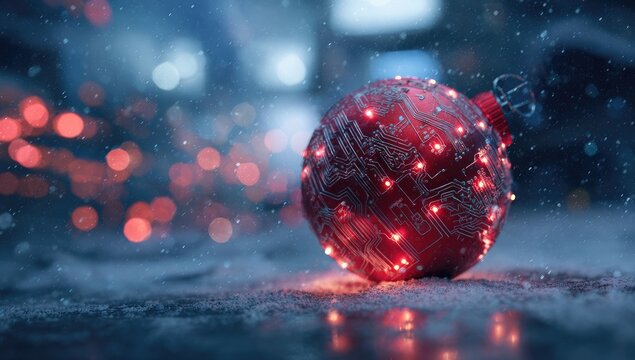 Festive red orb with glowing circuits and falling snow