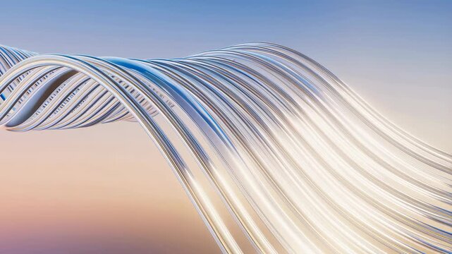 Abstract flowing lines creating a dynamic wave pattern against a soft gradient background. Represents innovation, technology, and fluidity in design