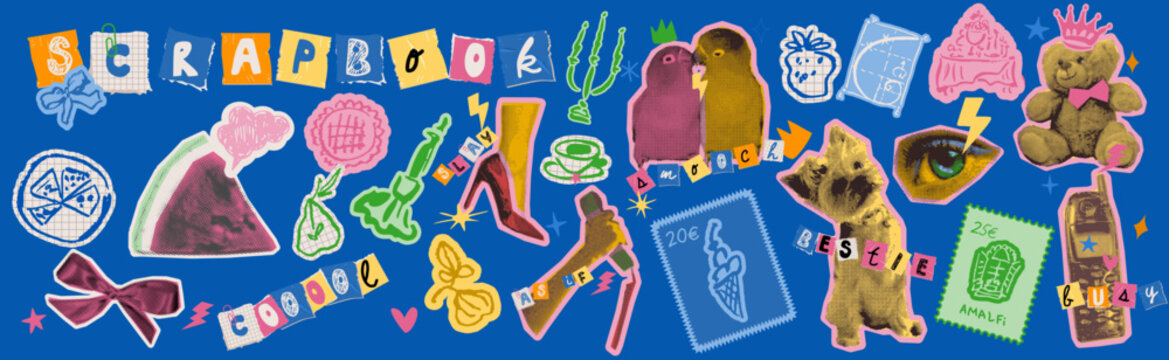 Nineties pop culture icons and retro fashion doodles for creative posters