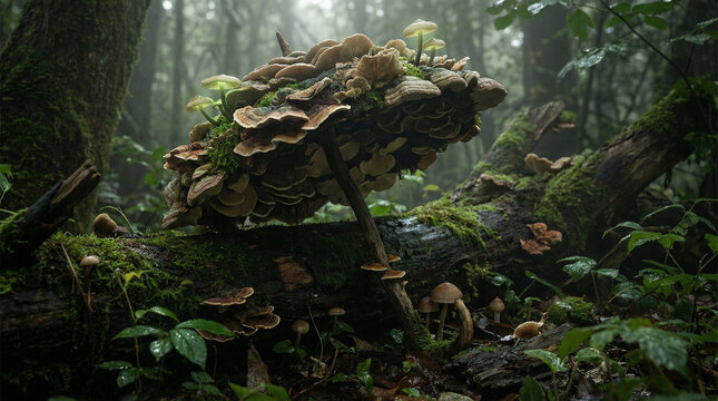 Cluster of forest mushrooms growing on moss covered fallen log in misty woodland ecosystem environment
