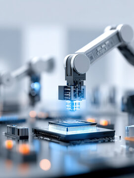 Illustration of lithography machines for chip manufacturing.