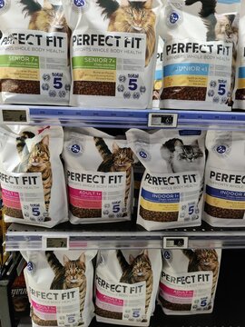Saujon, France - January 24, 2026: Intermarche. Perfect Fit cat food bags displayed on a retail shelf, featuring various formulas for different cat ages and needs