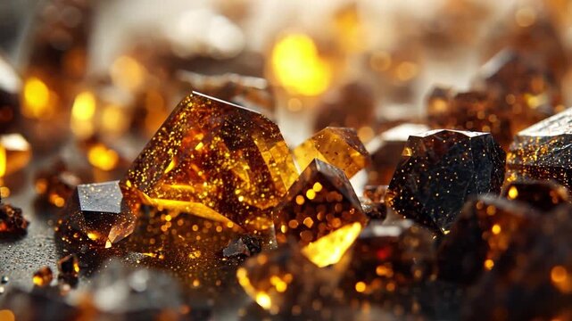 Close-Up of Amber Crystal Stones with Glittering Effect in Light