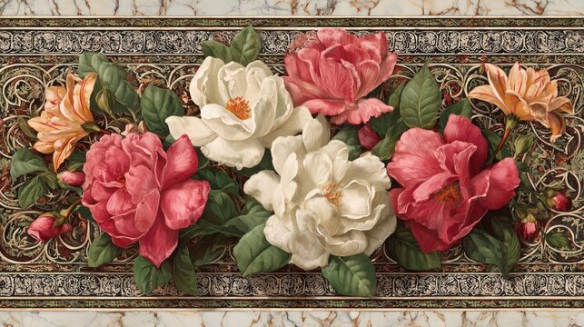 Ornate panel features a dense arrangement of richly colored blossoms set against a decorative border and marble surface