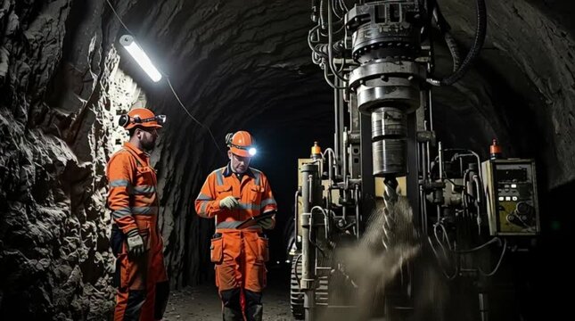 Experienced workers in protective gear supervise advanced drilling operations deep within a newly excavated underground tunnel, ensuring safety and precision in the challenging industrial environment